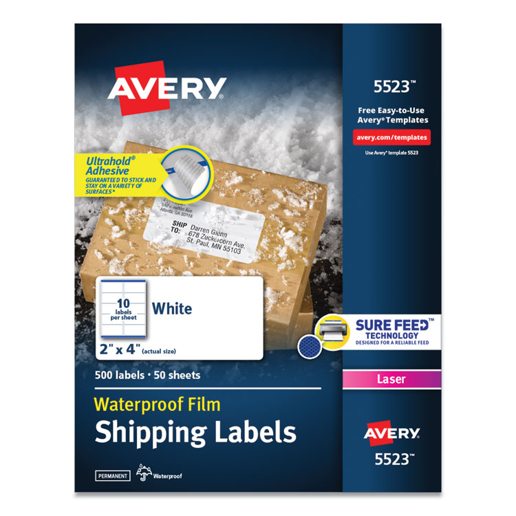 Avery Waterproof Shipping Labels with TrueBlock and Sure Feed, Laser Printers, 2 x 4, White, 10/Sheet, 50 Sheets/Pack (AVE5523)