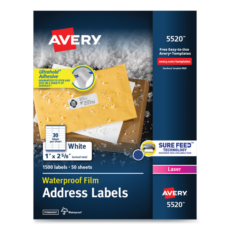 AVE5520 - Avery Waterproof Address Labels with TrueBlock and Sure Feed, Laser Printers, 1 x 2.63, White, 30/Sheet, 50 Sheets/Pack (AVE5520)