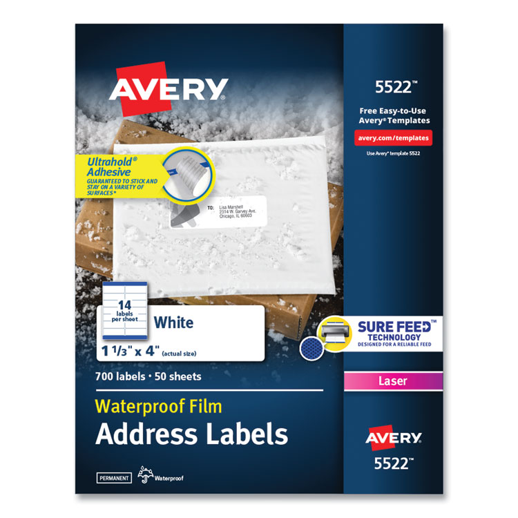 Avery Waterproof Address Labels with TrueBlock and Sure Feed, Laser Printers, 1.33 x 4, White, 14/Sheet, 50 Sheets/Pack (AVE5522)
