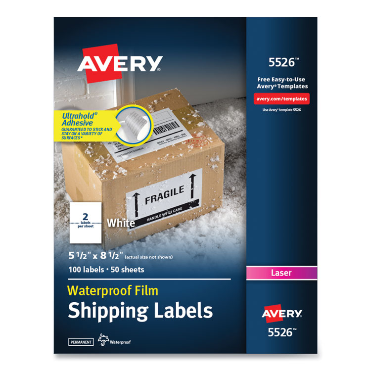 AVE5526 - Avery Waterproof Shipping Labels with TrueBlock Technology, Laser Printers, 5.5 x 8.5, White, 2/Sheet, 50 Sheets/Pack (AVE5526)