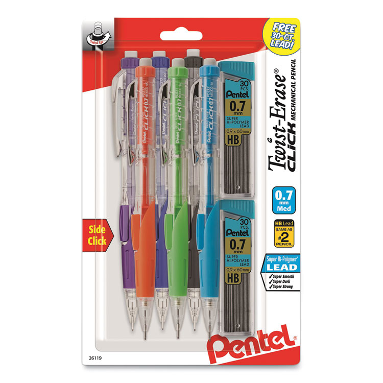 Pentel Twist-Erase CLICK Mechanical Pencil, 0.7 mm, HB (#2), Black Lead, Assorted Barrel Colors, 6/Pack (PENPD277TLBPS6M)