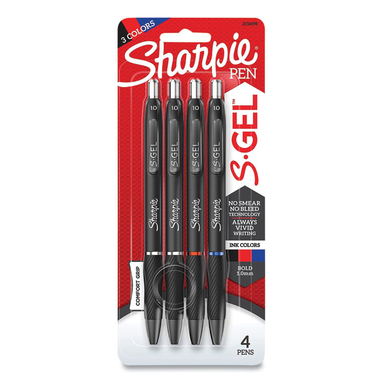 Sharpie S-Gel S-Gel High-Performance Gel Pen, Retractable, Bold 1 mm, Assorted Ink Colors, Black Barrel, 4/Pack (SAN2116198)