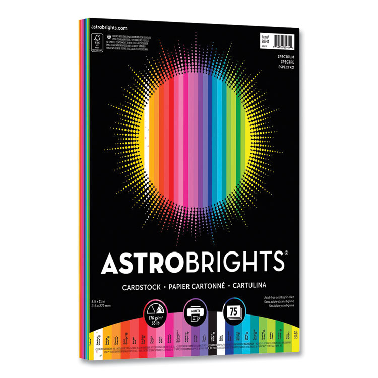 Astrobrights Color Cardstock, 65 lb Cover Weight, 8.5 x 11, Assorted Spectrum Colors, 75/Pack (WAU8094401)