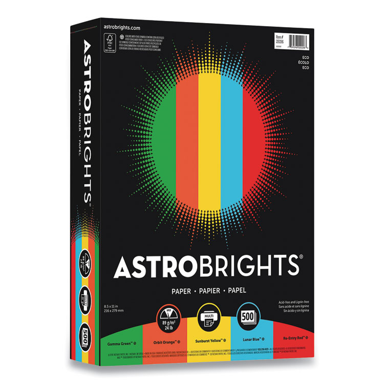 Astrobrights Color Paper, 24 lb Bond Weight, 8.5 x 11, Assorted Eco Colors, 500 Sheets/Ream (WAU22226)