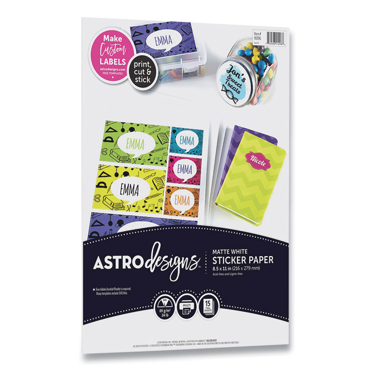 Astrobrights Astrodesigns Sticker Paper Labels, Inkjet/Laser Printers, 8.5 x 11, White, 15/Pack (WAU9129601)