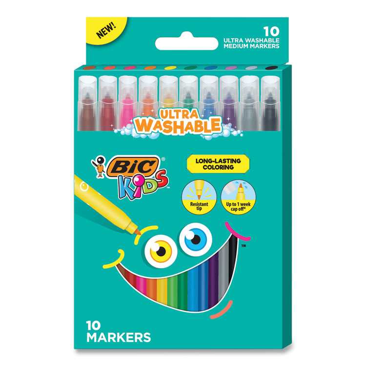 BIC Kids Ultra Washable Markers, Medium Bullet Tip, Assorted Colors, 10/Pack (BICBKCM10AST)