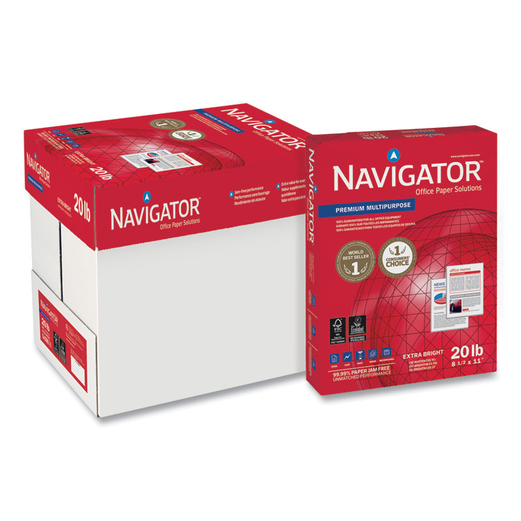 Navigator Premium Multipurpose Copy Paper, 97 Bright, 20 lb Bond Weight, 8.5 x 11, White, 500 Sheets/Ream, 5 Reams/Carton (SNANMP115R)