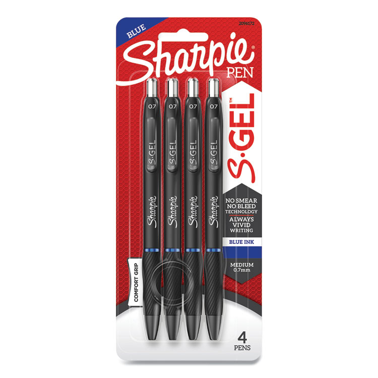 Sharpie S-Gel S-Gel High-Performance Gel Pen, Retractable, Medium 0.7 mm, Blue Ink, Black Barrel, 4/Pack (SAN2096172)