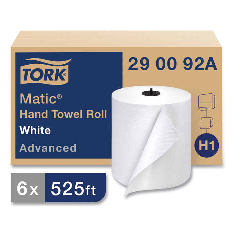 Tork Advanced Matic Hand Towel Roll, 2-Ply, 7.7" x 525 ft, White, 643/Roll, 6 Rolls/Carton (TRK290092A)