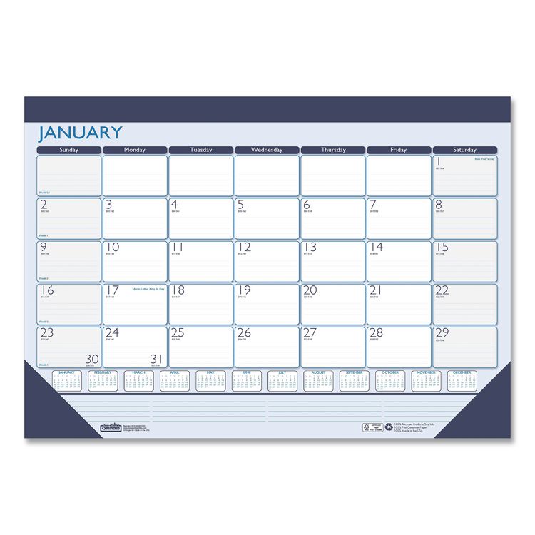 House of Doolittle Recycled Contempo Desk Pad Calendar, 22 x 17, White/Blue Sheets, Blue Binding, Blue Corners, 12-Month (Jan to Dec): 2026 (HOD151)