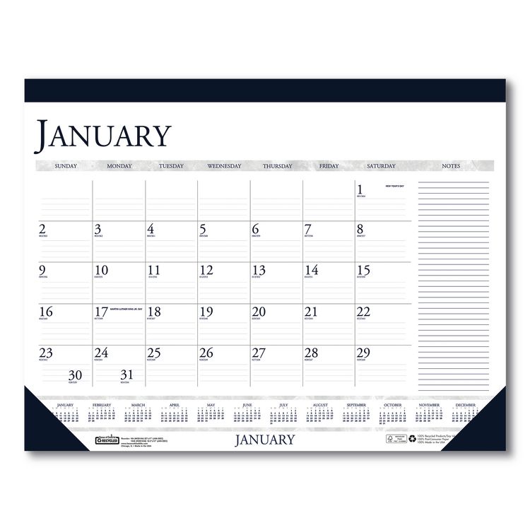 House of Doolittle Recycled Two-Color Monthly Desk Pad Calendar with Notes Section, 22 x 17, Blue Binding/Corners, 12-Month (Jan-Dec): 2026 (HOD164)