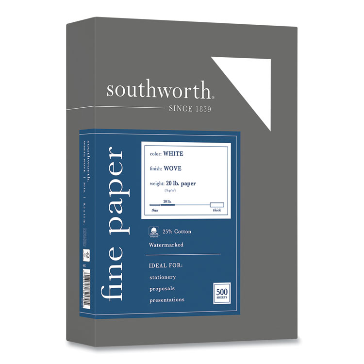 Southworth 25% Cotton Business Paper, 95 Bright, 20 lb Bond Weight, 8.5 x 11, White, 500 Sheets/Ream (SOU403C)