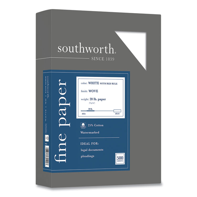 Southworth 25% Cotton Business Paper, Red Margin Rule, 95 Bright, 20 lb Bond Weight, 8.5 x 11, White, 500 Sheets/Ream (SOU403CR)