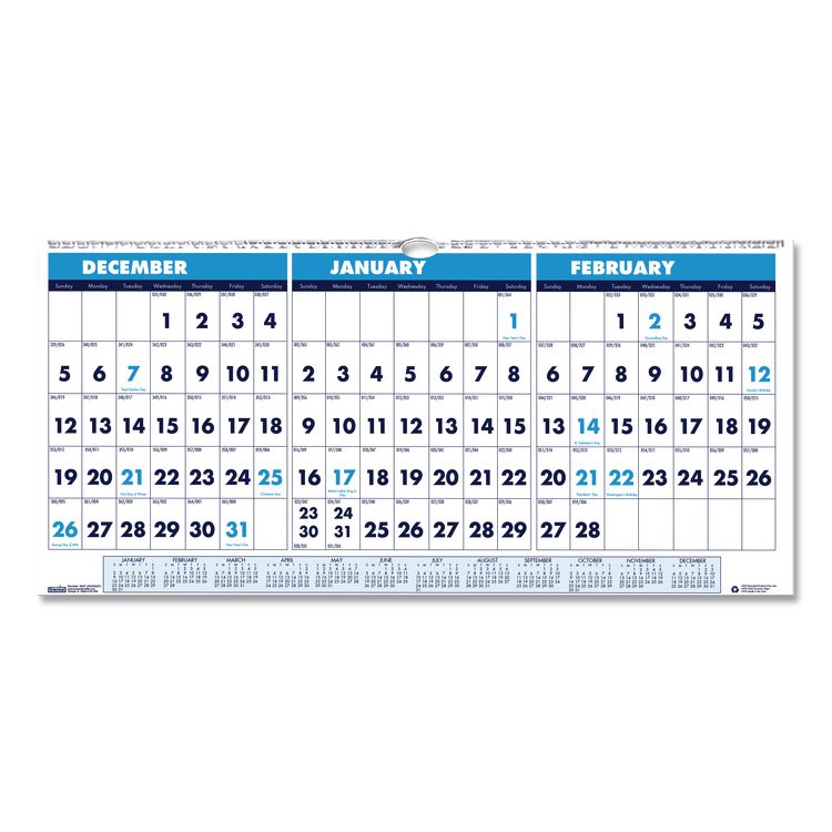 House of Doolittle Recycled Three-Month Format Wall Calendar, Horizontal Orientation, 17 x 8, White Sheets, 14-Month: Dec 2025 to Jan 2027 (HOD3647)