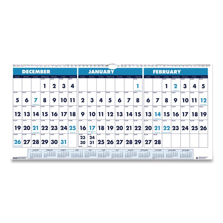 House of Doolittle Recycled Three-Month Format Wall Calendar, Horizontal Orientation, 23.5 x 12, White Sheets, 14-Month: Dec 2025 to Jan 2027 (HOD3648)