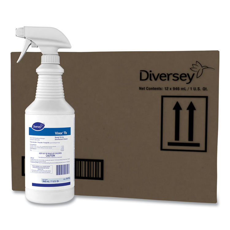 Diversey Virex TB Disinfectant Cleaner, Lemon Scent, Liquid, 32 oz Bottle, 12/Carton (DVO04743)