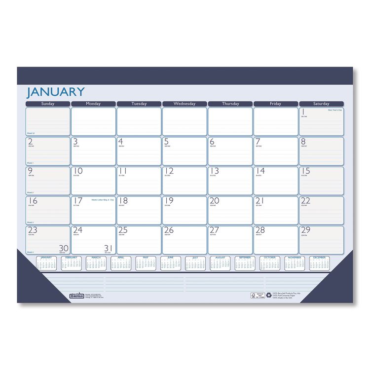 House of Doolittle Recycled Contempo Desk Pad Calendar, 18.5 x 13, White/Blue Sheets, Blue Binding, Blue Corners, 12-Month (Jan to Dec): 2026 (HOD1516)