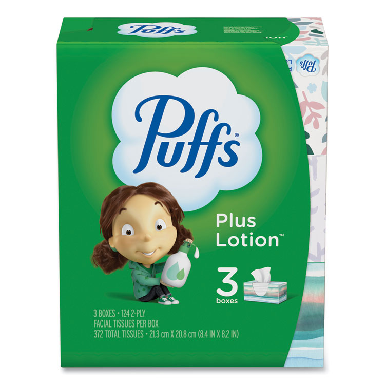 Puffs Plus Lotion Facial Tissue, 2-Ply, White, 124 Sheets/Box, 3 Box/Pack, 8 Packs/Carton (PGC39363)