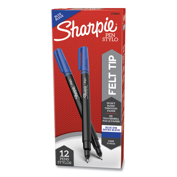 Sharpie Water-Resistant Ink Porous Point Pen, Stick, Fine 0.4 mm, Blue Ink, Black/Blue Barrel, Dozen (SAN1742664)
