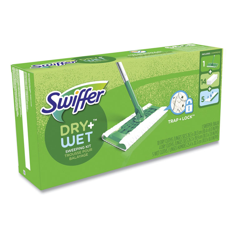 Swiffer Sweeper Mop, 10 x 4.8 White Cloth Head, 46" Silver/Green Aluminum/Plastic Handle (PGC49947)