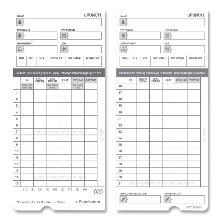 uPunch Time Clock Cards for uPunch HN4000, Two Sides, 7.37 x 3.37, 50/Pack (PPZHNTCL2050)