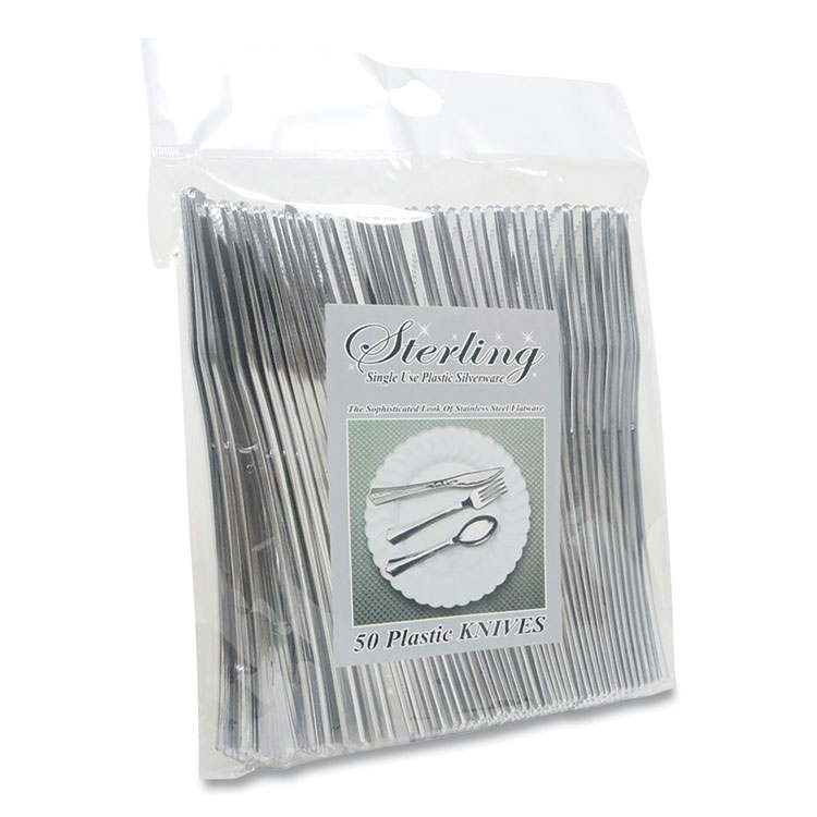 Tablemate Sterling Heavy-Duty Plastic Cutlery, Heavyweight Knife, Silver, 50/Pack (TBL8305KSV)