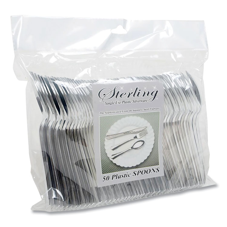 Tablemate Sterling Heavy-Duty Plastic Cutlery, Spoon, Silver, 50/Pack (TBL8305SSV)