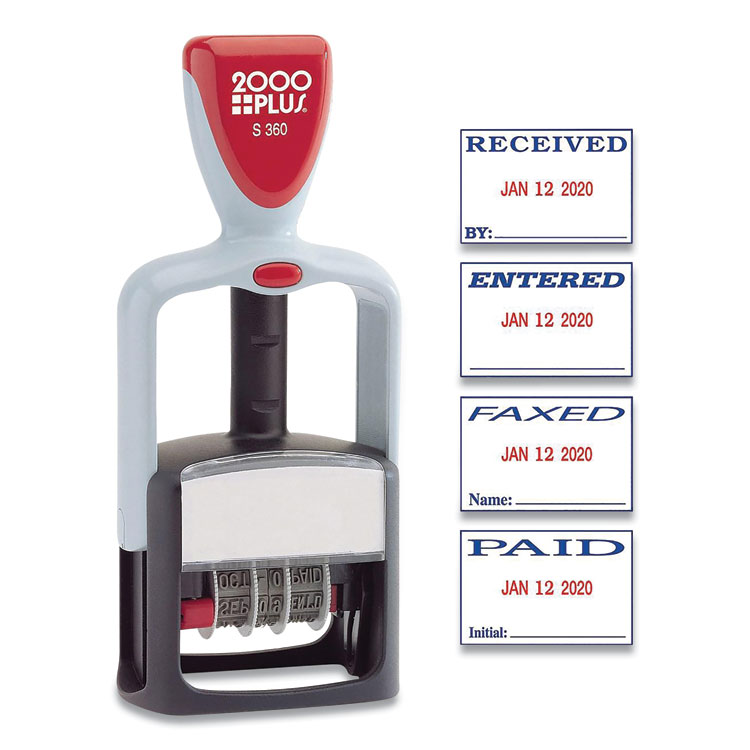 COSCO 2000PLUS Model S 360 Self-Inking Two-Color Message Dater, 5 Years, ENTERED/FAXED/PAID/RECEIVED, 1.81" x 1.25", Blue/Red Ink (COS032519)