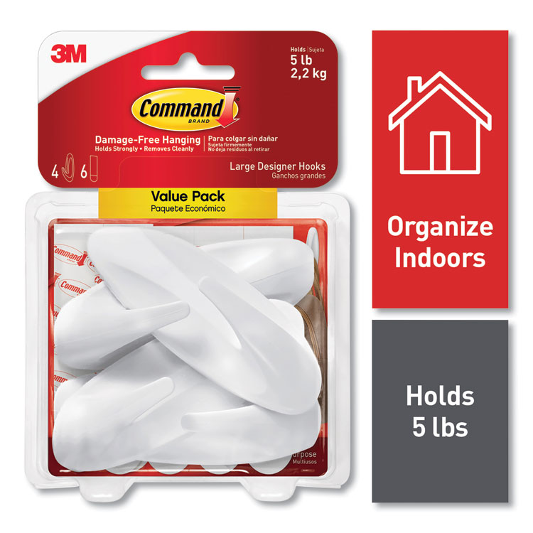 Command General Purpose Hooks, Large, Plastic, White, 5 lb Capacity, 4 Hooks and 6 Strips/Pack (MMM170834ES)