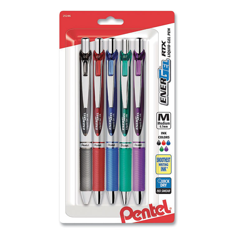 Pentel EnerGel RTX Gel Pen, Retractable, Medium 0.7 mm, Assorted Ink and Barrel Colors, 5/Pack (PENBL77BP5M)