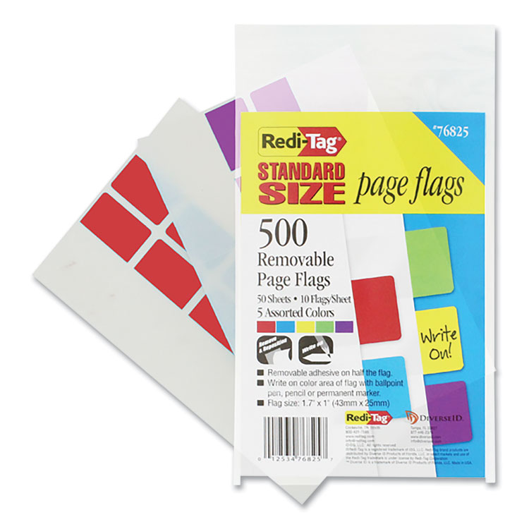 Redi-Tag Removable Page Flags, Red/Blue/Green/Yellow/Purple, 100/Color, 500/Pack (RTG76825)