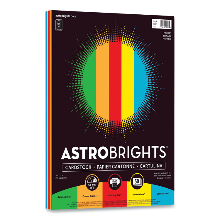 Astrobrights Color Cardstock, 65 lb Cover Weight, 8.5 x 11, Assorted Primary Colors, 50/Pack (WAU9932502)