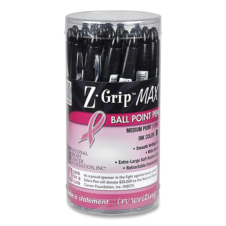 Zebra Z-Grip MAX Breast Cancer Awareness Ballpoint Pen, Retractable, Bold 1.2 mm, Black Ink, Silver/Black Barrel, 24/Pack (ZEB32577)