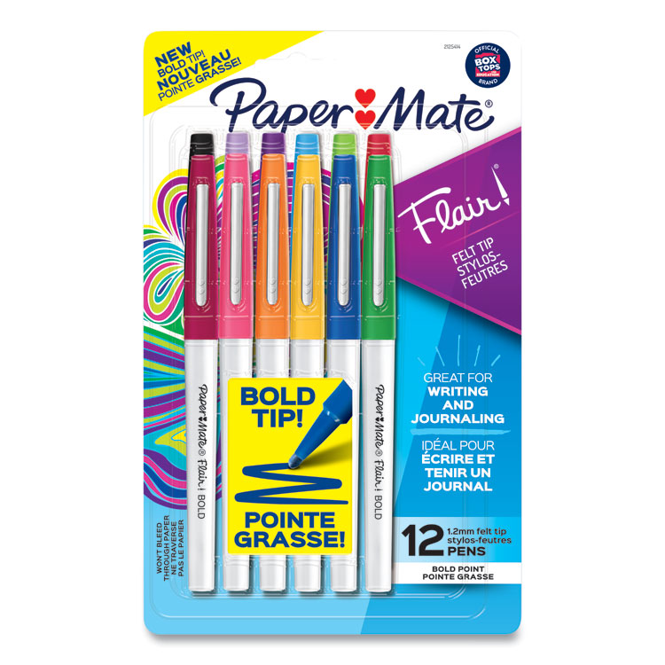 Paper Mate Flair Felt Tip Porous Point Pen, Stick, Bold 1.2 mm, Assorted Ink Colors, White Pearl Barrel, 12/Pack (PAP2125414)