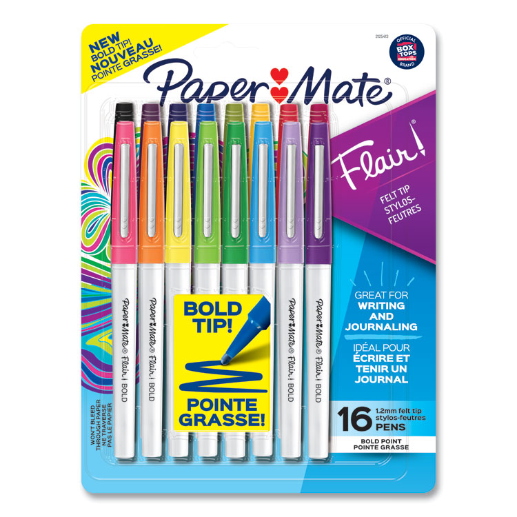Paper Mate Flair Felt Tip Porous Point Pen, Stick, Bold 1.2 mm, Assorted Ink Colors, White Pearl Barrel, 16/Pack (PAP2125413)
