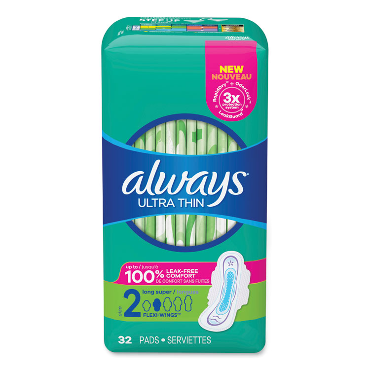 Always Ultra Thin Pads with Wings, Size 2, Long, Super Absorbent, 32/Pack, 3 Packs/Carton (PGC97020)