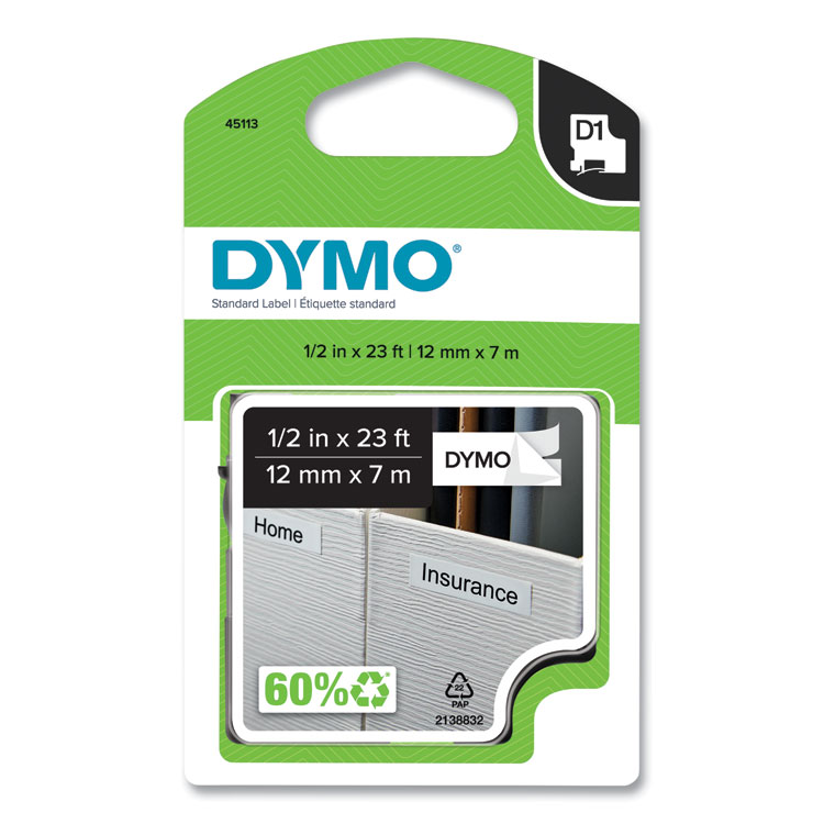 DYMO D1 High-Performance Polyester Removable Label Tape, 0.5" x 23 ft, Black on White (DYM45113)