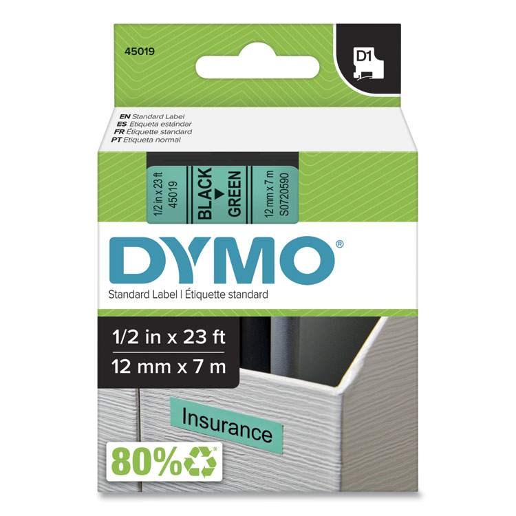 DYMO D1 High-Performance Polyester Removable Label Tape, 0.5" x 23 ft, Black on Green (DYM45019)