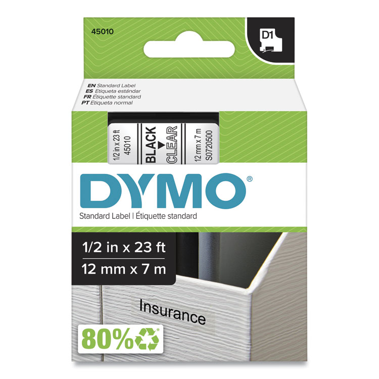 DYMO D1 High-Performance Polyester Removable Label Tape, 0.5" x 23 ft, Black on Clear (DYM45010)