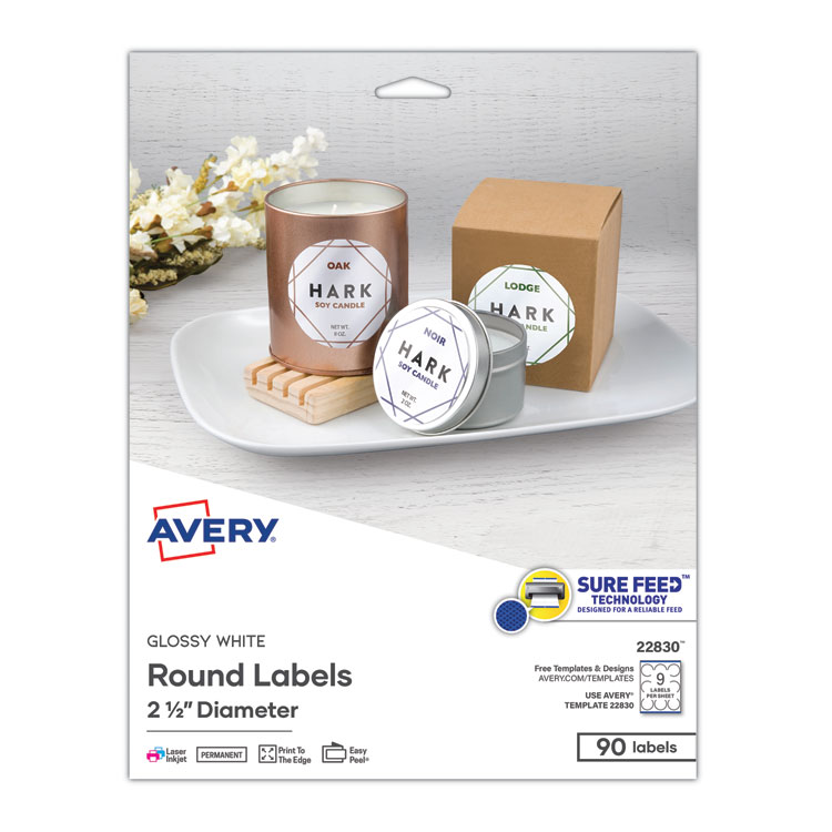 Avery Round Print-to-the Edge Labels with SureFeed, 2.5" dia, Glossy White, 90/PK (AVE22830)