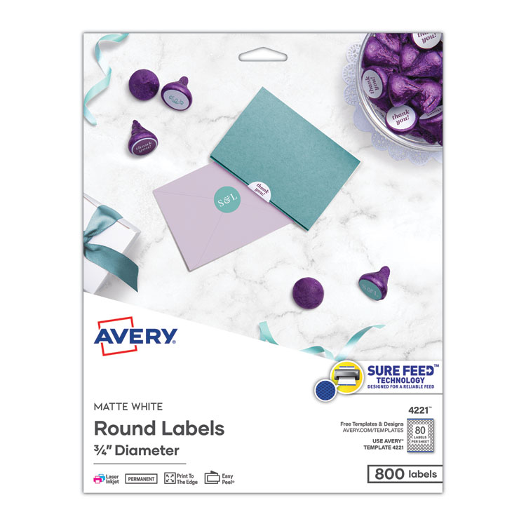 Avery Printable Self-Adhesive Permanent ID Labels w/Sure Feed, 0.75" dia, White 800/PK (AVE4221)