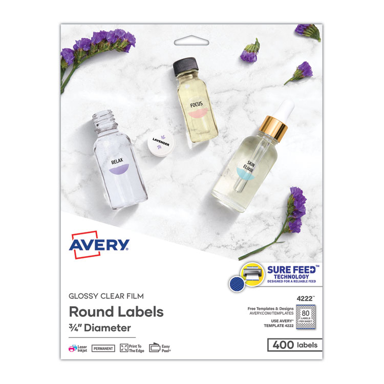 Avery Printable Self-Adhesive Permanent ID Labels w/Sure Feed, 0.75" dia, Clear, 400/PK (AVE4222)