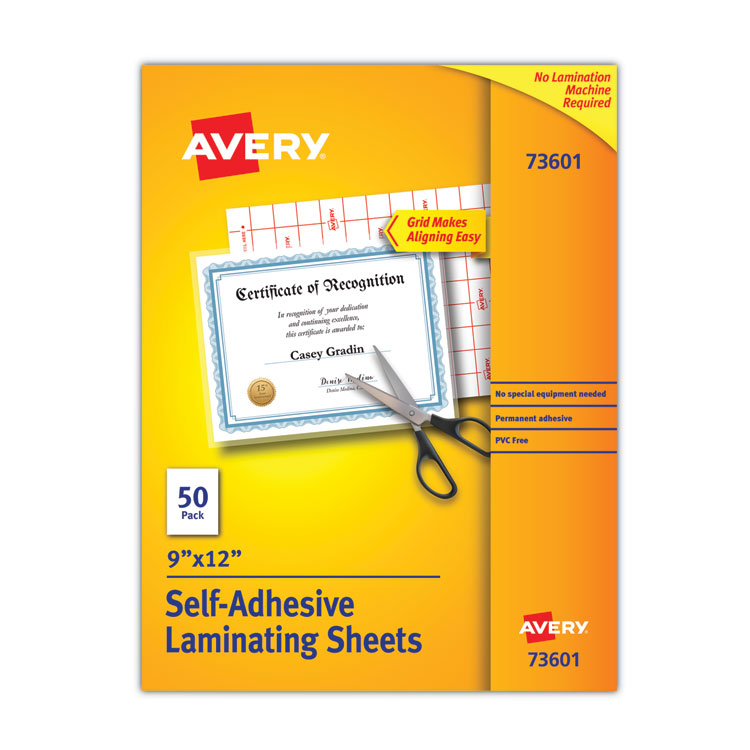 Avery Clear Self-Adhesive Laminating Sheets, 3 mil, 9" x 12", Matte Clear, 50/Box (AVE73601)