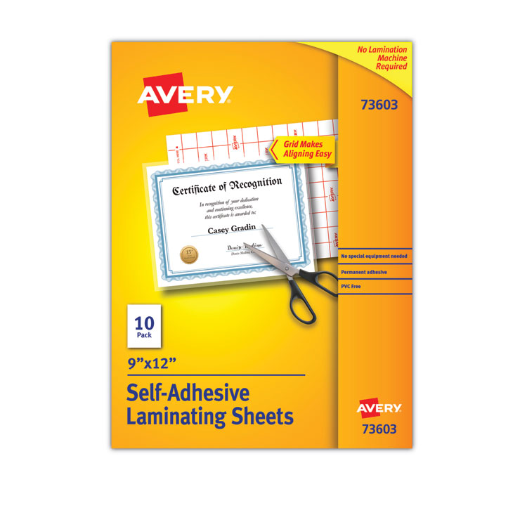 Avery Clear Self-Adhesive Laminating Sheets, 3 mil, 9" x 12", Matte Clear, 10/Pack (AVE73603)