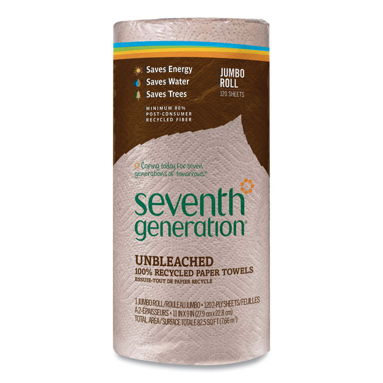 Seventh Generation Natural Unbleached 100% Recycled Paper Kitchen Towel Rolls, 2-Ply, Individually Wrapped, 11 x 9, 120/Roll, 30 Rolls/Carton (SEV13720CT)