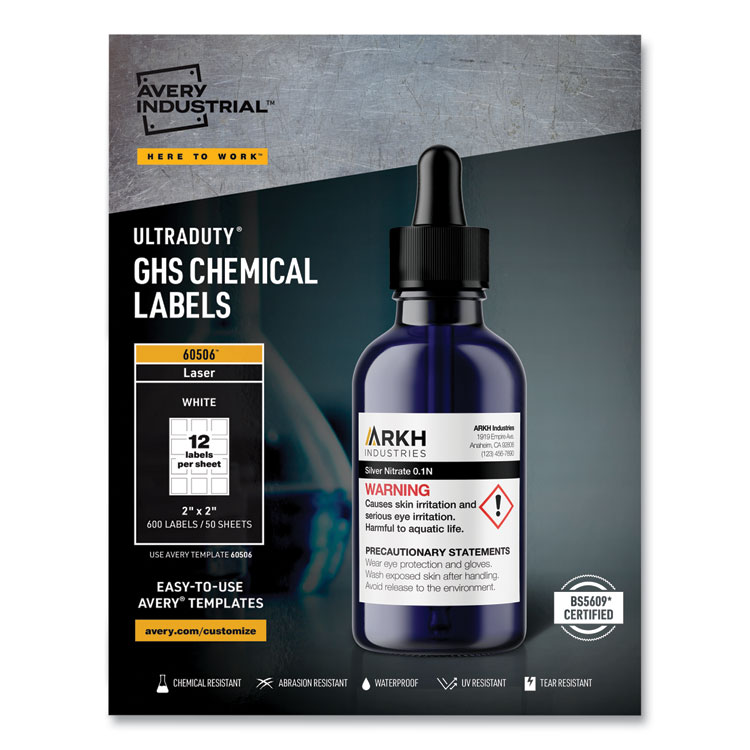 Avery UltraDuty GHS Chemical Waterproof and UV Resistant Labels, 2 x 2, White, 12/Sheet, 50 Sheets/Box (AVE60506)