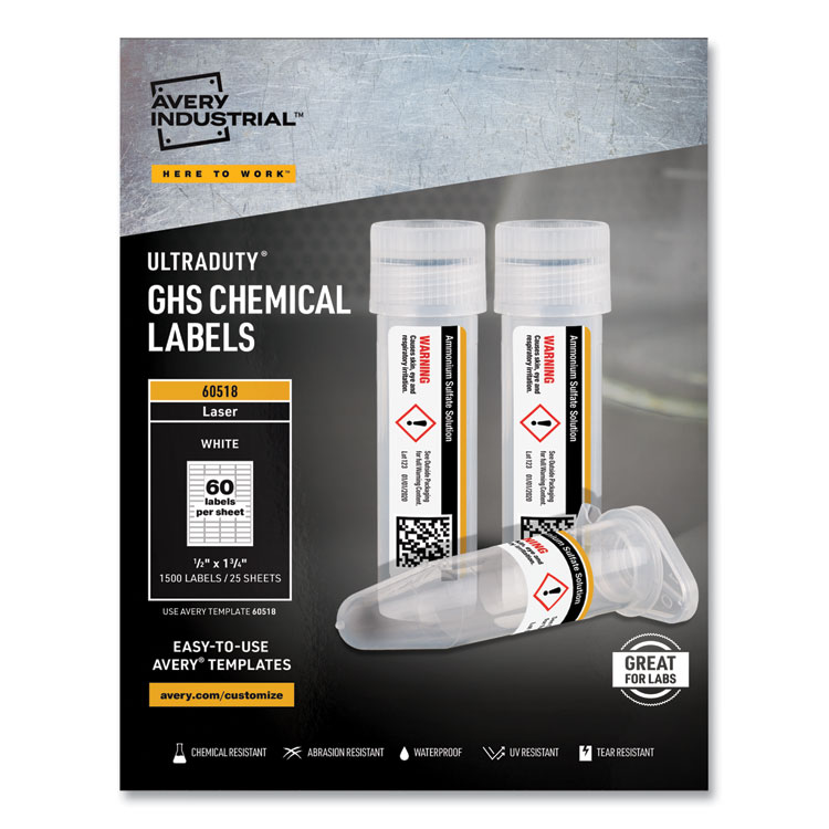 Avery UltraDuty GHS Chemical Waterproof and UV Resistant Labels, 0.5 x 1.75, White, 60/Sheet, 25 Sheets/Pack (AVE60518)
