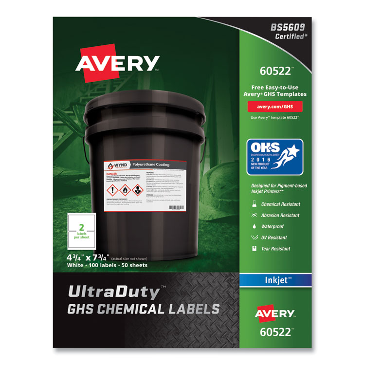 Avery UltraDuty GHS Chemical Waterproof and UV Resistant Labels, 4.75 x 7.75, White, 2/Sheet, 50 Sheets/Pack (AVE60522)