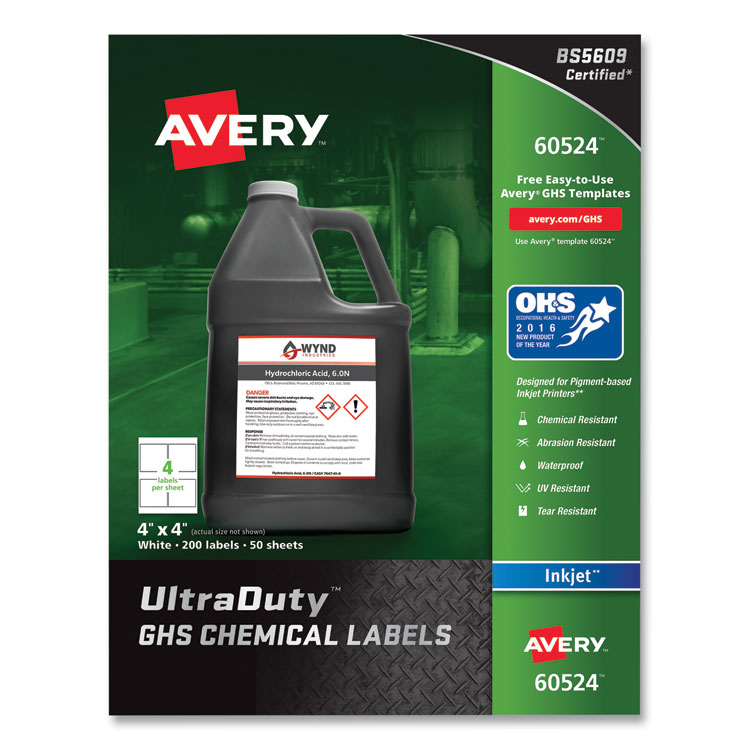 Avery UltraDuty GHS Chemical Waterproof and UV Resistant Labels, 4 x 4, White, 4/Sheet, 50 Sheets/Pack (AVE60524)