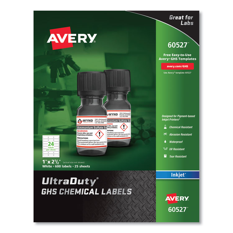 Avery UltraDuty GHS Chemical Waterproof and UV Resistant Labels, 1 x 2.5, White, 24/Sheet, 25 Sheets/Pack (AVE60527)